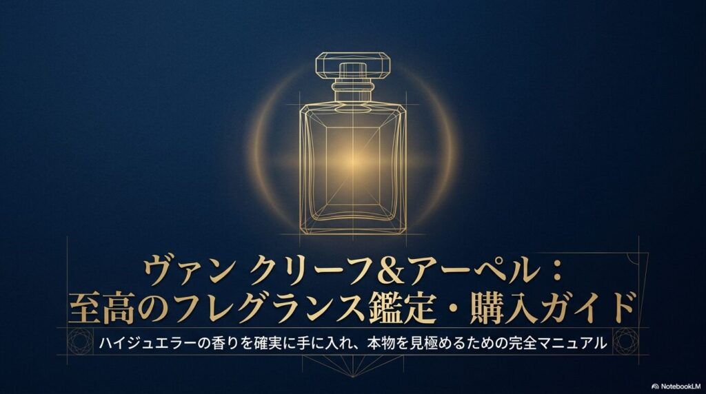 シックなネイビーとゴールドを基調とし、中央に繊細なタッチで香水ボトルの線画が描かれた、「至高のフレグランス鑑定・購入ガイド」の表紙デザイン 。