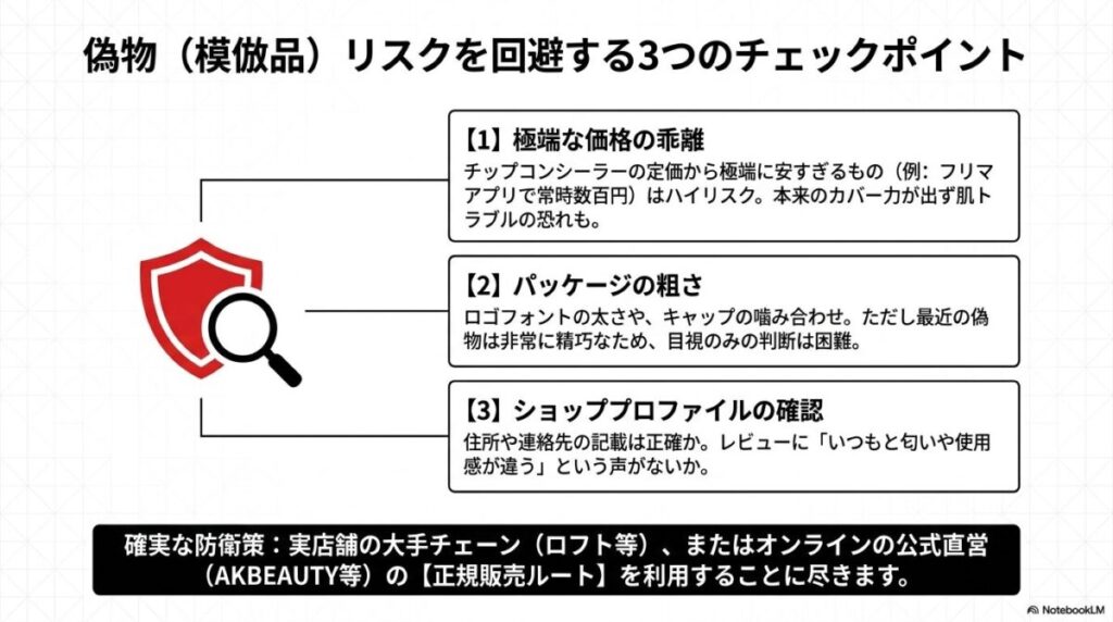 価格・パッケージ・ショップ情報の3点で見分ける偽物対策。